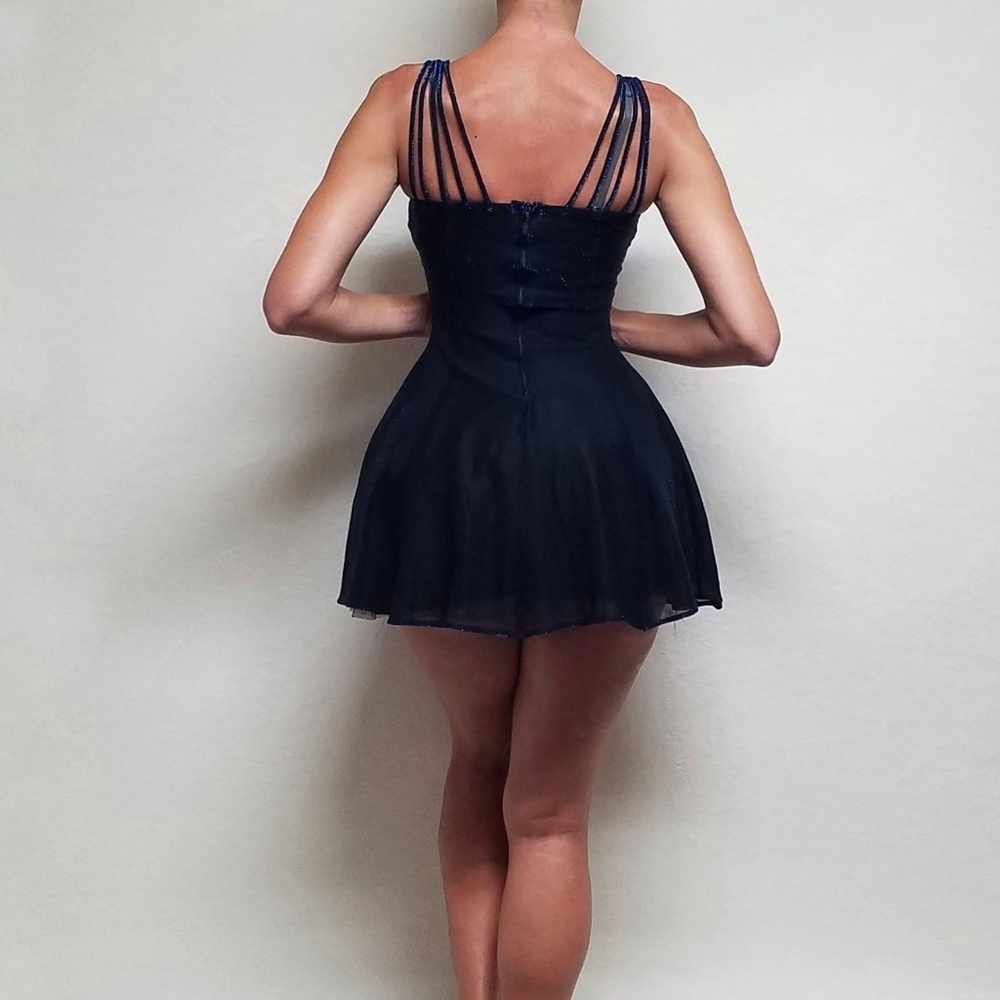Vintage 90s All That Jazz Blue Metallic Mesh Strappy Fit & Flare Mini Dress - Picture 3 of 13